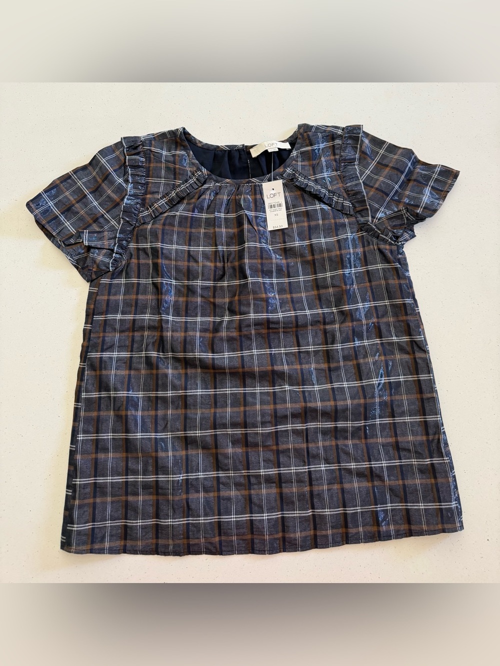 LOFT Navy, Brown and White Plaid Ruffle-Sleeve Top with a little bit of shimmer